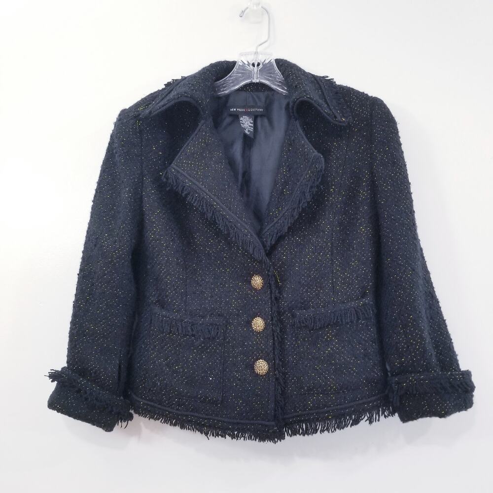 New York & Company Wool Blend Gold Metallic Tweed Blazer